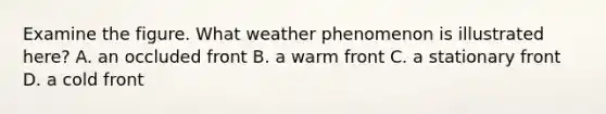 Examine the figure. What weather phenomenon is illustrated here? A. an occluded front B. a warm front C. a stationary front D. a cold front