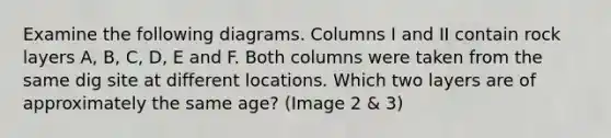 Examine the following diagrams. Columns I and II contain rock layers A, B, C, D, E and F. Both columns were taken from the same dig site at different locations. Which two layers are of approximately the same age? (Image 2 & 3)