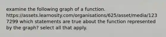 examine the following graph of a function. https://assets.learnosity.com/organisations/625/asset/media/1237299 which statements are true about the function represented by the graph? select all that apply.