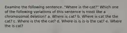 Examine the following sentence. "Where is the cat?" Which one of the following variations of this sentence is most like a chromosomal deletion? a. Where is cat? b. Where is cat the the cat? c. Where is the the cat? d. Where is is is is the cat? e. Where the is cat?