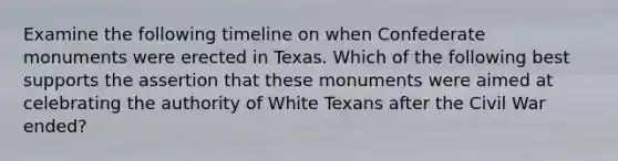 Examine the following timeline on when Confederate monuments were erected in Texas. Which of the following best supports the assertion that these monuments were aimed at celebrating the authority of White Texans after the Civil War ended?