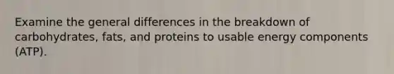 Examine the general differences in the breakdown of carbohydrates, fats, and proteins to usable energy components (ATP).