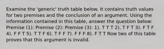 Examine the 'generic' truth table below. It contains truth values for two premises and the conclusion of an argument. Using the information contained in this table, answer the question below: Premise (1): Premise (2): Premise (3): 1). T T T 2). T F T 3). F T F 4). F F T 5). T T F 6). T F F 7). F F F 8). F T T Row two of this table proves that this argument is invalid.