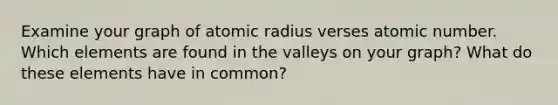 Examine your graph of atomic radius verses atomic number. Which elements are found in the valleys on your graph? What do these elements have in common?