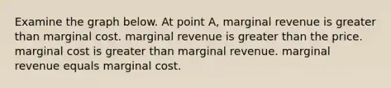 Examine the graph below. At point A, marginal revenue is greater than marginal cost. marginal revenue is greater than the price. marginal cost is greater than marginal revenue. marginal revenue equals marginal cost.