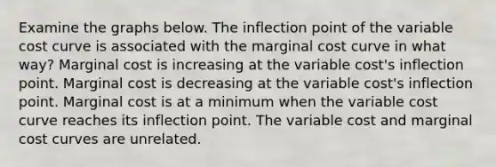 Examine the graphs below. The inflection point of the variable cost curve is associated with the marginal cost curve in what way? Marginal cost is increasing at the variable cost's inflection point. Marginal cost is decreasing at the variable cost's inflection point. Marginal cost is at a minimum when the variable cost curve reaches its inflection point. The variable cost and marginal cost curves are unrelated.