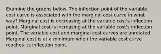 Examine the graphs below. The inflection point of the variable cost curve is associated with the marginal cost curve in what way? Marginal cost is decreasing at the variable cost's inflection point. Marginal cost is increasing at the variable cost's inflection point. The variable cost and marginal cost curves are unrelated. Marginal cost is at a minimum when the variable cost curve reaches its inflection point.