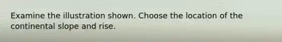 Examine the illustration shown. Choose the location of the continental slope and rise.