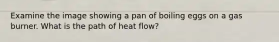 Examine the image showing a pan of boiling eggs on a gas burner. What is the path of heat flow?