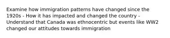 Examine how immigration patterns have changed since the 1920s - How it has impacted and changed the country - Understand that Canada was ethnocentric but events like WW2 changed our attitudes towards immigration