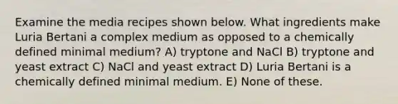 Examine the media recipes shown below. What ingredients make Luria Bertani a complex medium as opposed to a chemically defined minimal medium? A) tryptone and NaCl B) tryptone and yeast extract C) NaCl and yeast extract D) Luria Bertani is a chemically defined minimal medium. E) None of these.