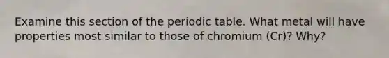 Examine this section of the periodic table. What metal will have properties most similar to those of chromium (Cr)? Why?