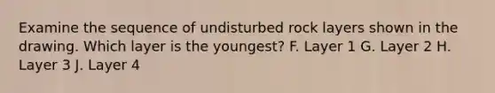 Examine the sequence of undisturbed rock layers shown in the drawing. Which layer is the youngest? F. Layer 1 G. Layer 2 H. Layer 3 J. Layer 4