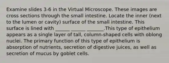 Examine slides 3-6 in the Virtual Microscope. These images are cross sections through the small intestine. Locate the inner (next to the lumen or cavity) surface of the small intestine. This surface is lined with ______ ______ _______.This type of epithelium appears as a single layer of tall, column-shaped cells with oblong nuclei. The primary function of this type of epithelium is absorption of nutrients, secretion of digestive juices, as well as secretion of mucus by goblet cells.