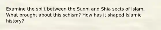 Examine the split between the Sunni and Shia sects of Islam. What brought about this schism? How has it shaped Islamic history?