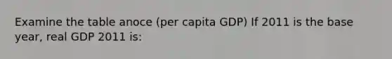 Examine the table anoce (per capita GDP) If 2011 is the base year, real GDP 2011 is: