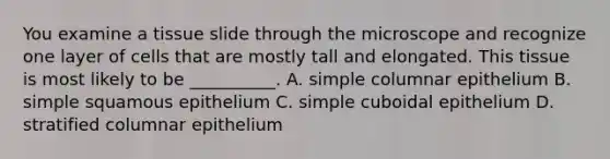 You examine a tissue slide through the microscope and recognize one layer of cells that are mostly tall and elongated. This tissue is most likely to be __________. A. simple columnar epithelium B. simple squamous epithelium C. simple cuboidal epithelium D. stratified columnar epithelium