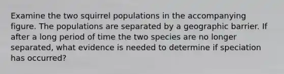 Examine the two squirrel populations in the accompanying figure. The populations are separated by a geographic barrier. If after a long period of time the two species are no longer separated, what evidence is needed to determine if speciation has occurred?