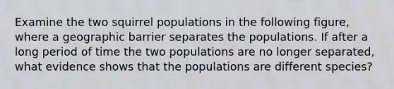 Examine the two squirrel populations in the following figure, where a geographic barrier separates the populations. If after a long period of time the two populations are no longer separated, what evidence shows that the populations are different species?