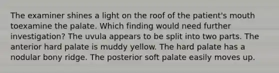 The examiner shines a light on the roof of the patient's mouth toexamine the palate. Which finding would need further investigation? The uvula appears to be split into two parts. The anterior hard palate is muddy yellow. The hard palate has a nodular bony ridge. The posterior soft palate easily moves up.