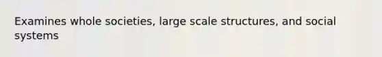 Examines whole societies, large scale structures, and social systems
