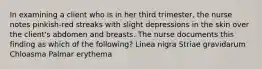 In examining a client who is in her third trimester, the nurse notes pinkish-red streaks with slight depressions in the skin over the client's abdomen and breasts. The nurse documents this finding as which of the following? Linea nigra Striae gravidarum Chloasma Palmar erythema