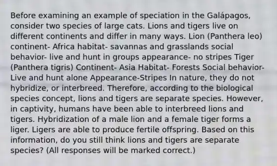 Before examining an example of speciation in the Galápagos, consider two species of large cats. Lions and tigers live on different continents and differ in many ways. Lion (Panthera leo) continent- Africa habitat- savannas and grasslands social behavior- live and hunt in groups appearance- no stripes Tiger (Panthera tigris) Continent- Asia Habitat- Forests Social behavior- Live and hunt alone Appearance-Stripes In nature, they do not hybridize, or interbreed. Therefore, according to the biological species concept, lions and tigers are separate species. However, in captivity, humans have been able to interbreed lions and tigers. Hybridization of a male lion and a female tiger forms a liger. Ligers are able to produce fertile offspring. Based on this information, do you still think lions and tigers are separate species? (All responses will be marked correct.)