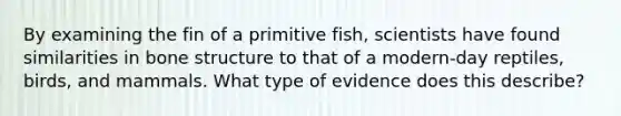 By examining the fin of a primitive fish, scientists have found similarities in <a href='https://www.questionai.com/knowledge/kgWuCNs0Fr-bone-structure' class='anchor-knowledge'>bone structure</a> to that of a modern-day reptiles, birds, and mammals. What type of evidence does this describe?