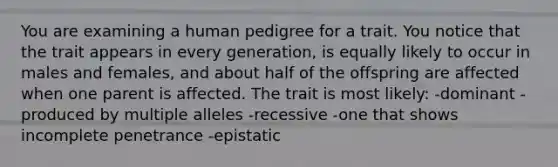 You are examining a human pedigree for a trait. You notice that the trait appears in every generation, is equally likely to occur in males and females, and about half of the offspring are affected when one parent is affected. The trait is most likely: -dominant -produced by multiple alleles -recessive -one that shows incomplete penetrance -epistatic