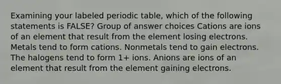 Examining your labeled periodic table, which of the following statements is FALSE? Group of answer choices Cations are ions of an element that result from the element losing electrons. Metals tend to form cations. Nonmetals tend to gain electrons. The halogens tend to form 1+ ions. Anions are ions of an element that result from the element gaining electrons.