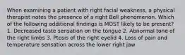 When examining a patient with right facial weakness, a physical therapist notes the presence of a right Bell phenomenon. Which of the following additional findings is MOST likely to be present? 1. Decreased taste sensation on the tongue 2. Abnormal tone of the right limbs 3. Ptosis of the right eyelid 4. Loss of pain and temperature sensation across the lower right jaw