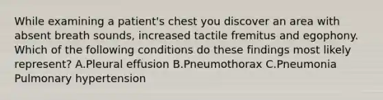 While examining a patient's chest you discover an area with absent breath sounds, increased tactile fremitus and egophony. Which of the following conditions do these findings most likely represent? A.Pleural effusion B.Pneumothorax C.Pneumonia Pulmonary hypertension