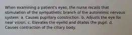 When examining a patient's eyes, the nurse recalls that stimulation of the sympathetic branch of the autonomic nervous system: a. Causes pupillary constriction. b. Adjusts the eye for near vision. c. Elevates the eyelid and dilates the pupil. d. Causes contraction of the ciliary body.