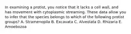 In examining a protist, you notice that it lacks a cell wall, and has movement with cytoplasmic streaming. These data allow you to infer that the species belongs to which of the following protist groups? A. Stramenopila B. Excavata C. Alveolata D. Rhizaria E. Amoebozoa