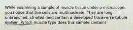 While examining a sample of muscle tissue under a microscope, you notice that the cells are multinucleate. They are long, unbranched, striated, and contain a developed transverse tubule system. Which muscle type does this sample contain?