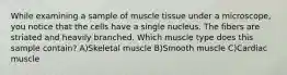 While examining a sample of muscle tissue under a microscope, you notice that the cells have a single nucleus. The fibers are striated and heavily branched. Which muscle type does this sample contain? A)Skeletal muscle B)Smooth muscle C)Cardiac muscle