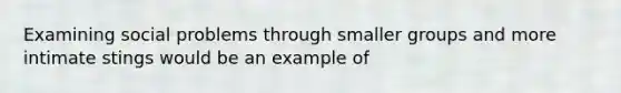 Examining social problems through smaller groups and more intimate stings would be an example of