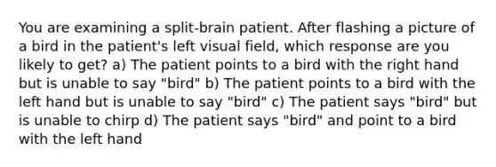 You are examining a split-brain patient. After flashing a picture of a bird in the patient's left visual field, which response are you likely to get? a) The patient points to a bird with the right hand but is unable to say "bird" b) The patient points to a bird with the left hand but is unable to say "bird" c) The patient says "bird" but is unable to chirp d) The patient says "bird" and point to a bird with the left hand