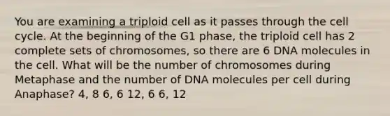 You are examining a triploid cell as it passes through the cell cycle. At the beginning of the G1 phase, the triploid cell has 2 complete sets of chromosomes, so there are 6 DNA molecules in the cell. What will be the number of chromosomes during Metaphase and the number of DNA molecules per cell during Anaphase? 4, 8 6, 6 12, 6 6, 12