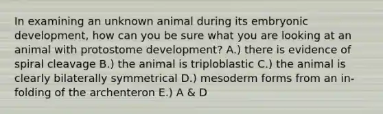 In examining an unknown animal during its embryonic development, how can you be sure what you are looking at an animal with protostome development? A.) there is evidence of spiral cleavage B.) the animal is triploblastic C.) the animal is clearly bilaterally symmetrical D.) mesoderm forms from an in-folding of the archenteron E.) A & D