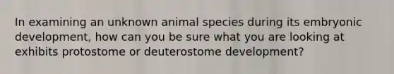 In examining an unknown animal species during its embryonic development, how can you be sure what you are looking at exhibits protostome or deuterostome development?