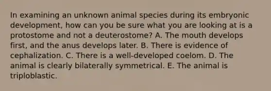 In examining an unknown animal species during its embryonic development, how can you be sure what you are looking at is a protostome and not a deuterostome? A. <a href='https://www.questionai.com/knowledge/krBoWYDU6j-the-mouth' class='anchor-knowledge'>the mouth</a> develops first, and the anus develops later. B. There is evidence of cephalization. C. There is a well-developed coelom. D. The animal is clearly bilaterally symmetrical. E. The animal is triploblastic.