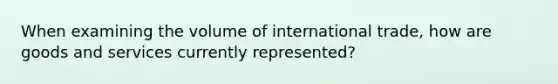 When examining the volume of international trade, how are goods and services currently represented?