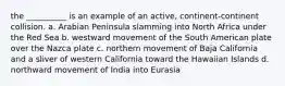 the __________ is an example of an active, continent-continent collision. a. Arabian Peninsula slamming into North Africa under the Red Sea b. westward movement of the South American plate over the Nazca plate c. northern movement of Baja California and a sliver of western California toward the Hawaiian Islands d. northward movement of India into Eurasia