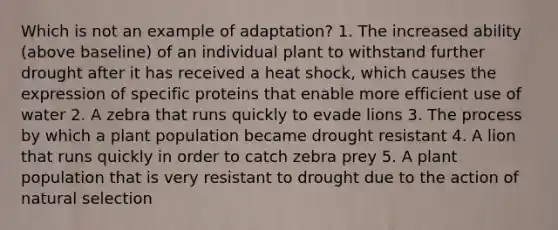 Which is not an example of adaptation? 1. The increased ability (above baseline) of an individual plant to withstand further drought after it has received a heat shock, which causes the expression of specific proteins that enable more efficient use of water 2. A zebra that runs quickly to evade lions 3. The process by which a plant population became drought resistant 4. A lion that runs quickly in order to catch zebra prey 5. A plant population that is very resistant to drought due to the action of natural selection