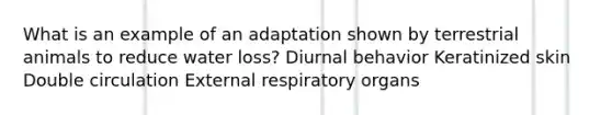 What is an example of an adaptation shown by terrestrial animals to reduce water loss? Diurnal behavior Keratinized skin Double circulation External respiratory organs