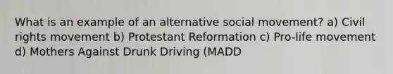 What is an example of an alternative social movement? a) Civil rights movement b) Protestant Reformation c) Pro-life movement d) Mothers Against Drunk Driving (MADD