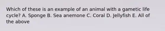 Which of these is an example of an animal with a gametic life cycle? A. Sponge B. Sea anemone C. Coral D. Jellyfish E. All of the above