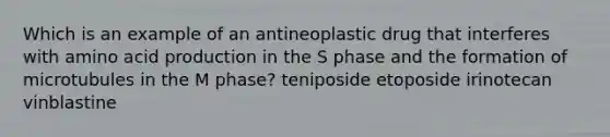 Which is an example of an antineoplastic drug that interferes with amino acid production in the S phase and the formation of microtubules in the M phase? teniposide etoposide irinotecan vinblastine