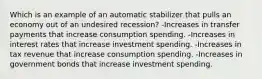 Which is an example of an automatic stabilizer that pulls an economy out of an undesired recession? -Increases in transfer payments that increase consumption spending. -Increases in interest rates that increase investment spending. -Increases in tax revenue that increase consumption spending. -Increases in government bonds that increase investment spending.